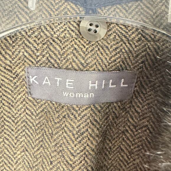 Kate Hill Wool Blend Herringbone Lightweight Blazer Faux Fur Collar Jacket 14W - Picture 7 of 14
